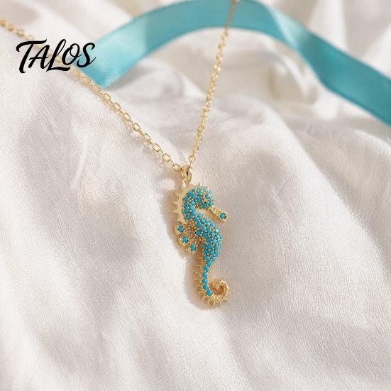 Talos Women Blue Seahorse Necklace, Rhinestone Pendant Stylish Sea Creature Summer Beach Gift for Her Wife Girlfriend