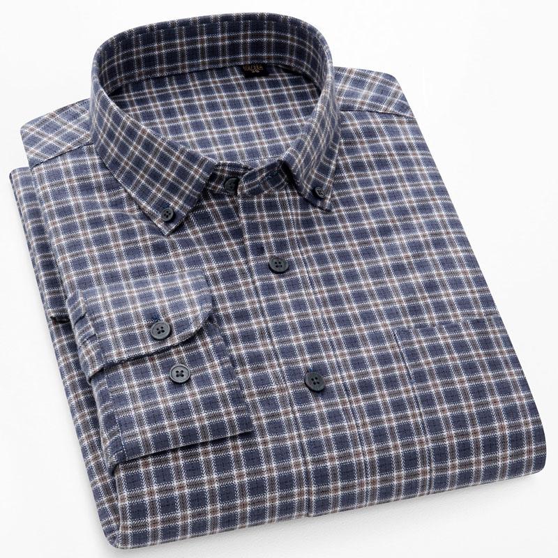 

New Pure Cotton Brushed Men Casual Plaid Shirts Long Sleeve Soft Autumn Checked Design Business Male Tops with Pocket 45