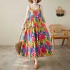Cotton and Linen Printed Patchwork Long Skirt with Suspender and Large Cake Skirt for Women