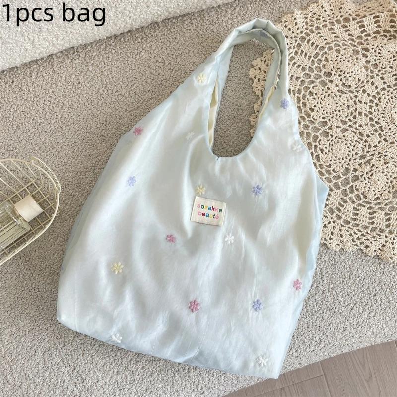 

Embroidered Tote Bag Chiffon Solid Color Floral Shoulder Bag Large Capacity Korean Style Canvas Underarm Bag Commuting 1 синій