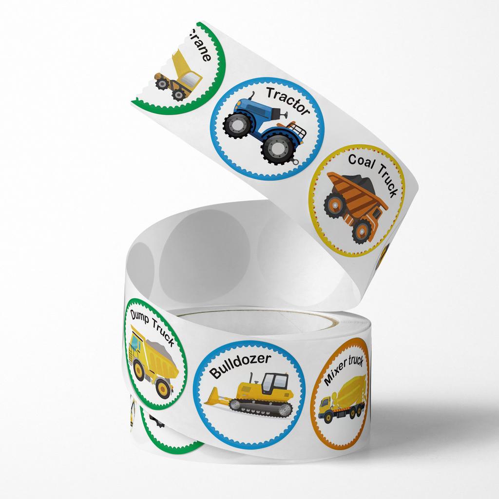 500pcs Cartoon Vehicle Stickers Roll Kids Toy Labels Round Adhesive Seals for Party Favors School Supplies and Scrapbooking
