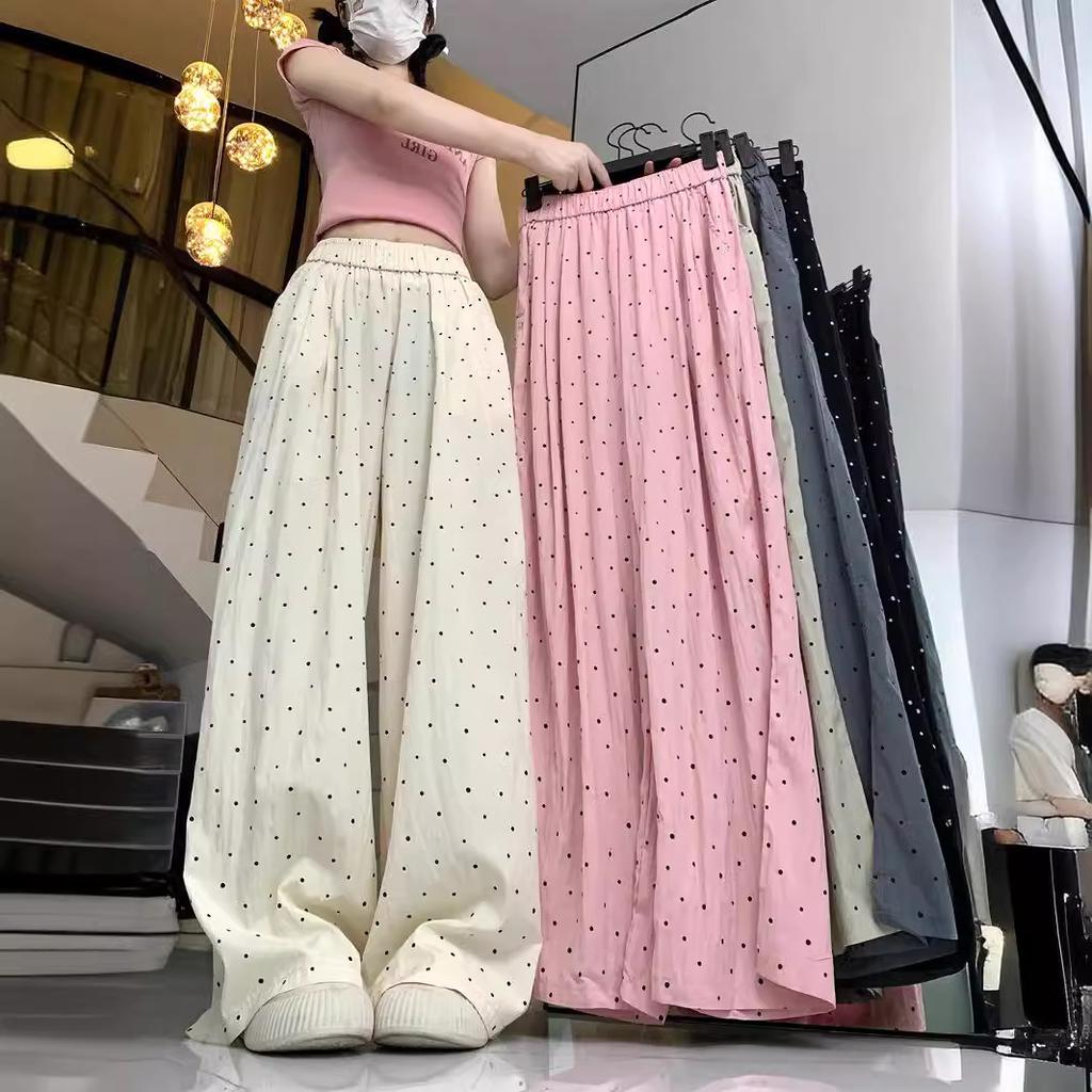 Women's Spring/Summer Korean-Style Polka Dot Ice Silk Cooling Wide-Leg Pants Thin High-Waisted Drapey Straight-Leg Sun-Protective Casual Long Trousers
