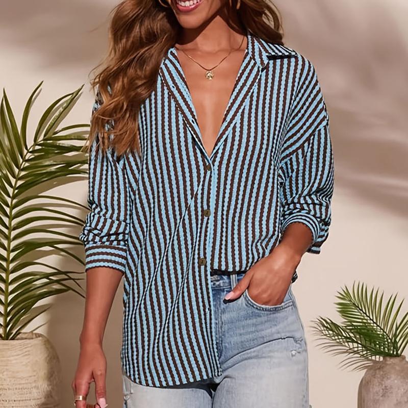 2026 Elegant Women Vertical Striped Pattern Loose Long Sleeve Shirt Spring Office Casual Blouse Autumn Fashion Simple New Vacation Tops