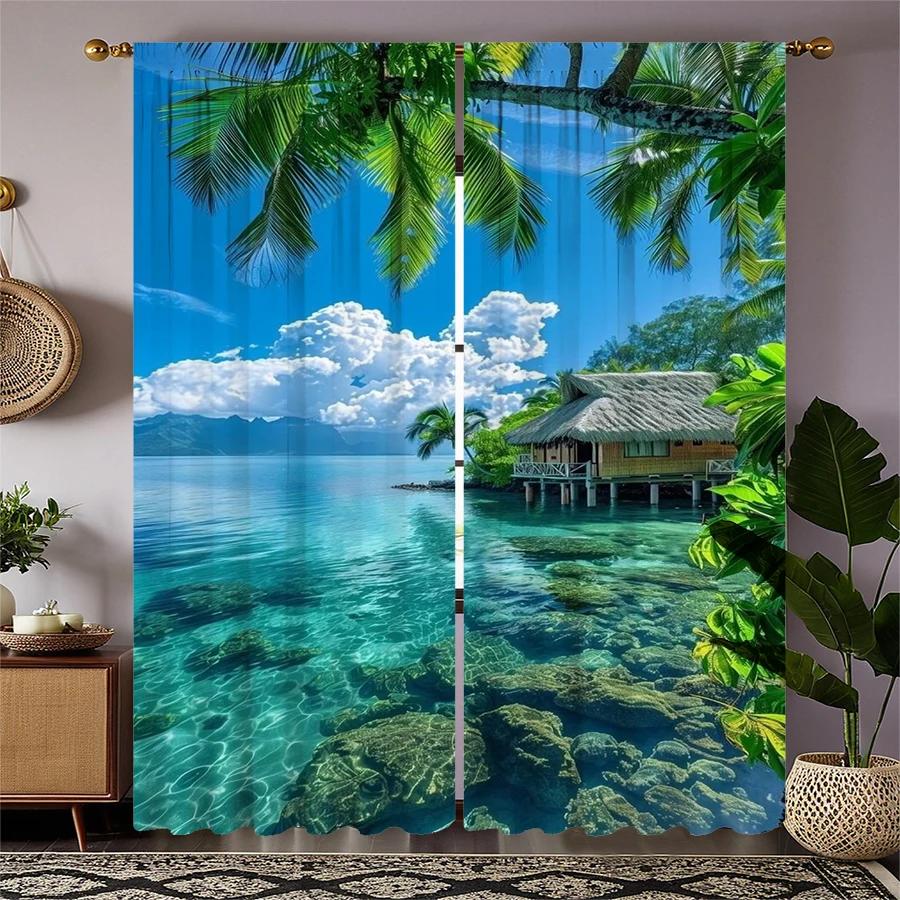 Sea-view Room Printed Curtains, Pole Bag Curtains, Christmas Decorations, Daily Home Decorations, Room Decorations