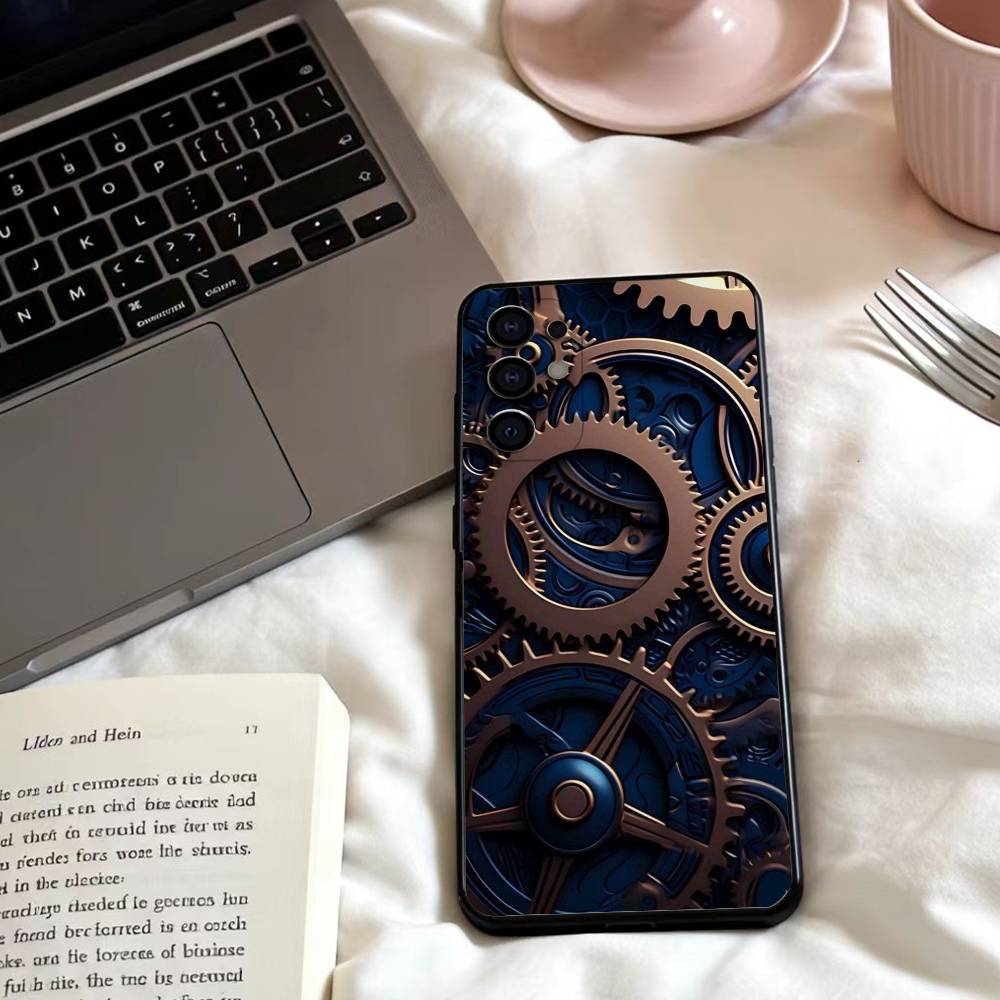 Chromatic Gear Pattern Phone Case For Samsung S25,24,23,22,30,21,10,9,Ultra,Plus,Lite,FE,4,5 G Soft Black Case