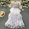 Summer Off Shoulder Gorgeous Flower Holiday Chiffon Dress Women Slash Neck Floral Print Elastic Waist Long Robes