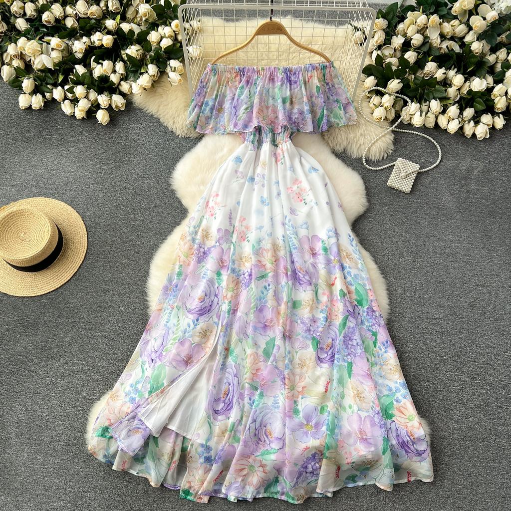 Summer Off Shoulder Gorgeous Flower Holiday Chiffon Dress Women Slash Neck Floral Print Elastic Waist Long Robes