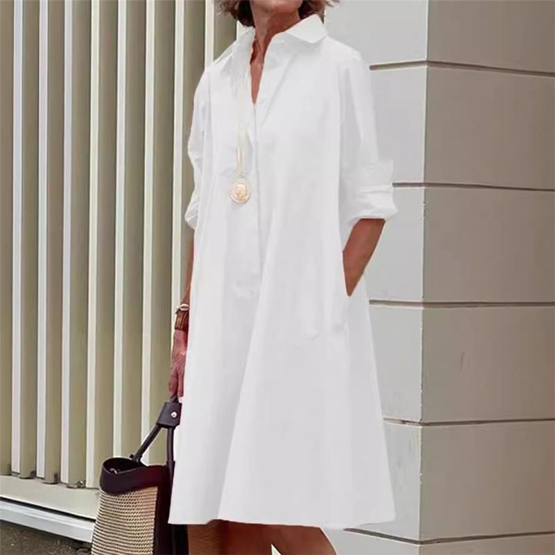 

Женское однотонное платье-рубашка с длинными рукавами и лацканами, простое, свободного покроя, длиной до колена XXXL белый