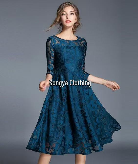 Übergröße Spitzen-Swingkleid mit Dreiviertelärmeln - Europäischer & Amerikanischer Stil, Slim Fit für Frühling und Herbst