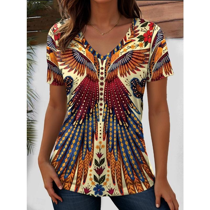 Women's T Shirt Print Graphic Geometric Paisley Bohemia Vintage Stylish Short Sleeve V Neck Regular Tops