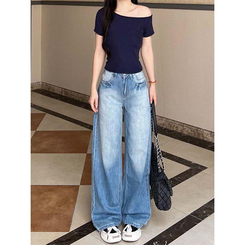 

American Retro Washed Straight-leg Denim Female 2025 This Year s Popular High Waist Loose and Slimming Drape Wide-Leg Pants Blue pants recommend height 155-165cm XL