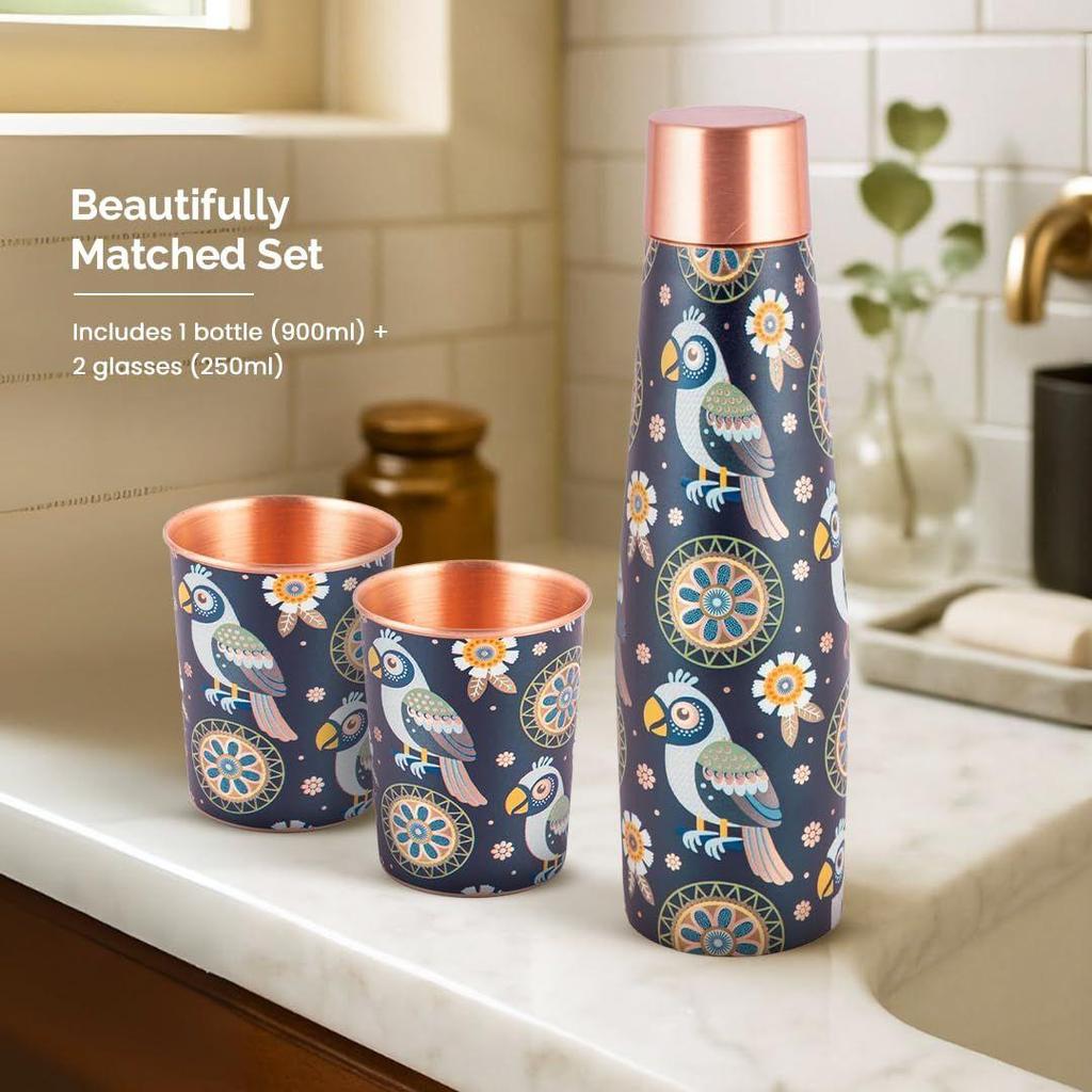 Artistic Copper Bottle & Glass Gift Set with Blue Mandala Print – 900ml Bottle + 2 x 250ml Glasses | Handcrafted Heavy-Gauge Pure Copper Wellness Gift