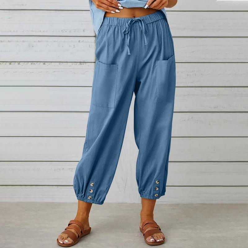Women's High Waist Linen Pants Loose Fit Cropped Trousers Solid Drawstring Button Casual Fall Harem Pants