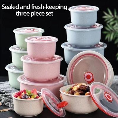 Eco-Friendly Wheat Straw Bowl Set: 3-Piece Food Storage with Lids, Microwave Safe for Reheating, Perfect for Fridge Use.