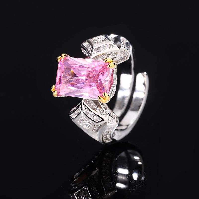 

Кольцо с квадратным цветным цирконием, преувеличенная индивидуальность, розовое кольцо с цирконием, красное корундовое ювелирное кольцо