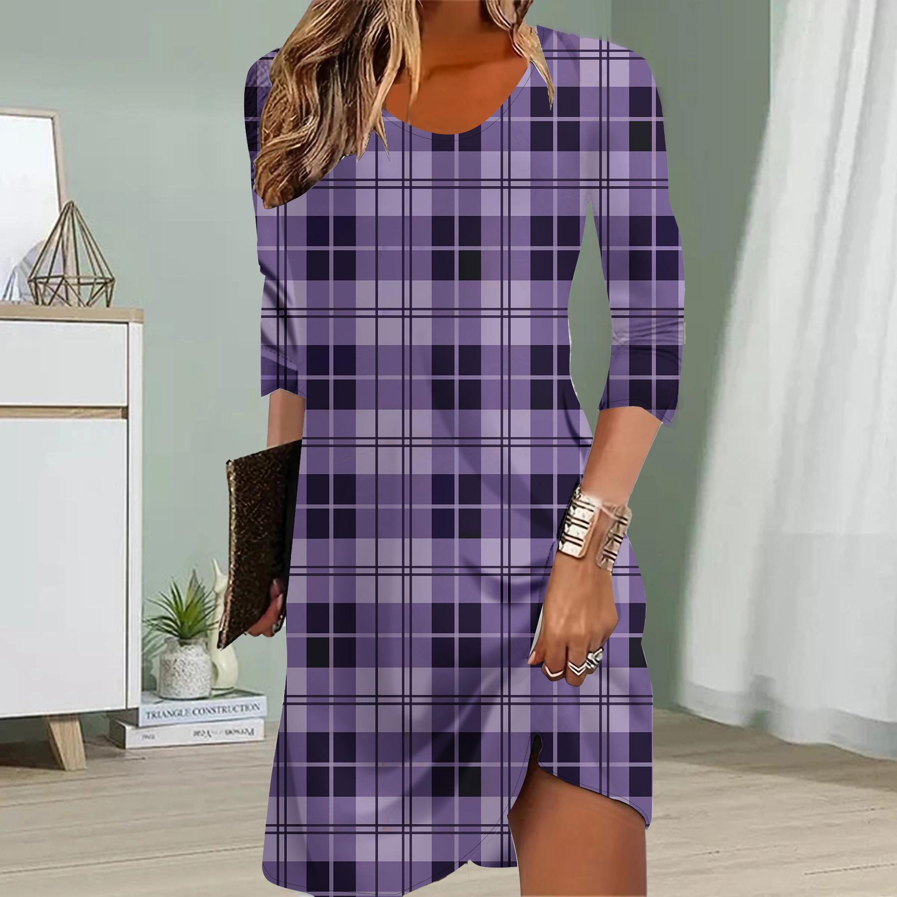 

Женское повседневное платье осеннее решетчатое платье с принтом для женщин с круглым вырезом и коротким рукавом платье больших размеров 8XL фиолетовый