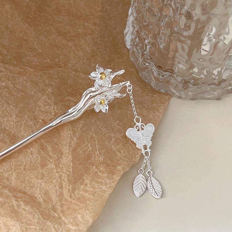 Sterling Silver Narcissus Tassel Hairpin: Modern Chinese Hanfu Updo Accessory