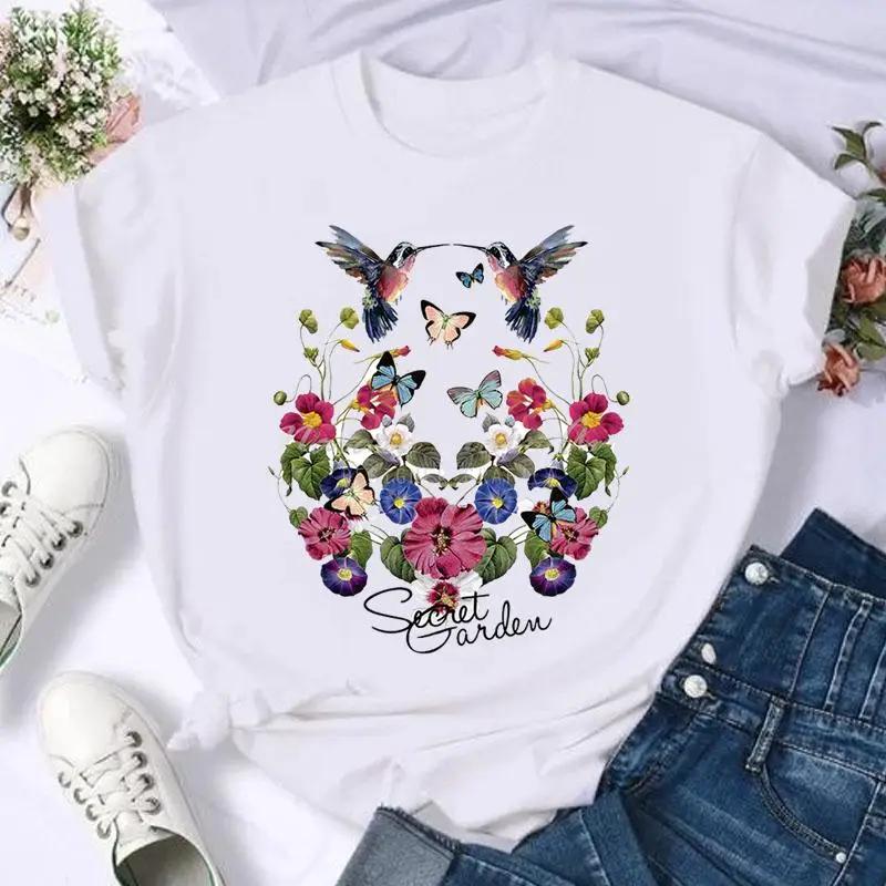 

Short Sleeve Butterfly Bow Sweet Flower Fashion Summer Women Print T Shirt FeUnisex Casual Top Tshirts Cartoon Graphic Tee TShirt S