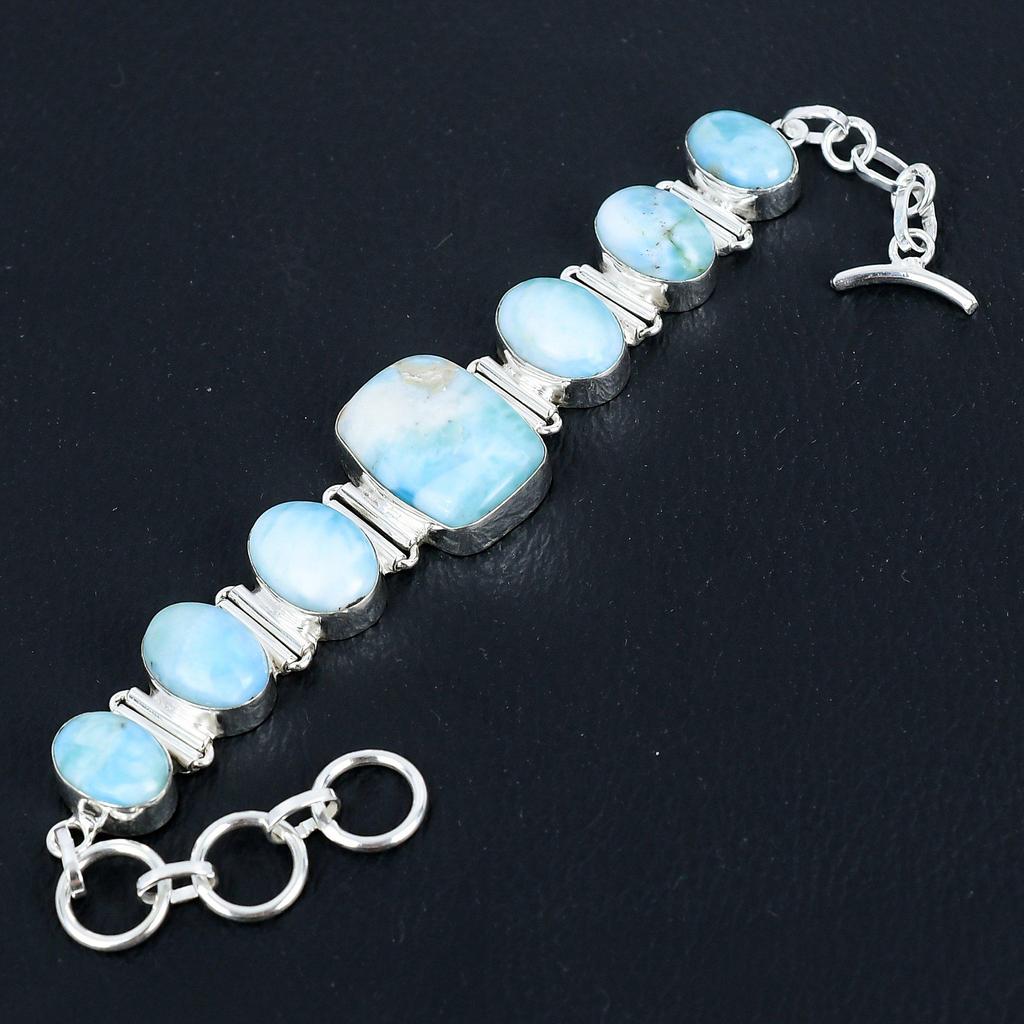 Náramek z přírodního modrého Larimaru | Stříbro 925/1000 | Nastavitelný náramek | Ručně vyrobený řetízkový náramek Šperky pro ženy a dívky