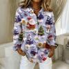 Women's Christmas Printed Button Up Long Sleeved Casual Regular Shirt With Collar Top