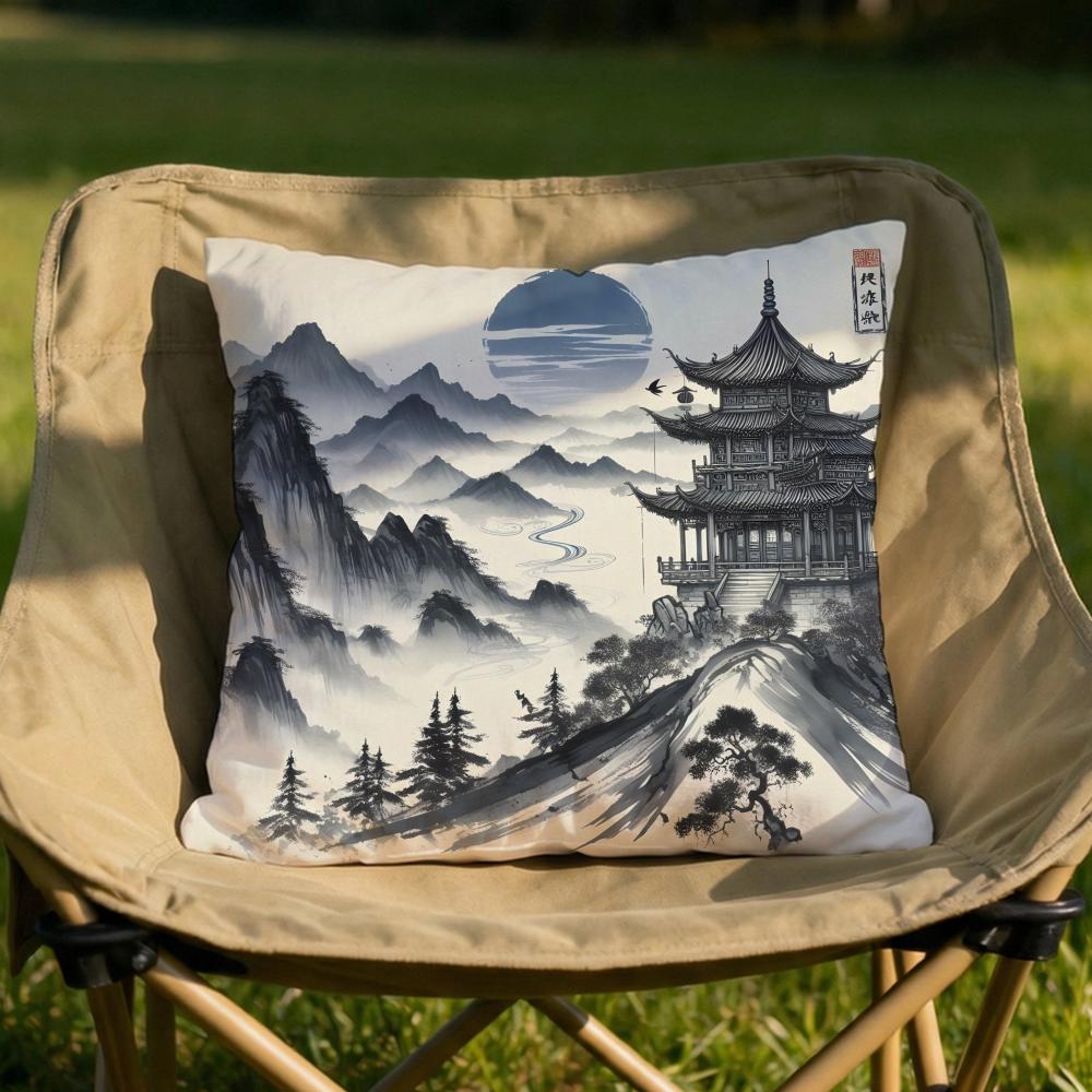 Chinese Ink Painting Style Cushion Cover Soft Reversible  Durable Pillow Cover  MultiScene Use for Home  Car Daily Comfort