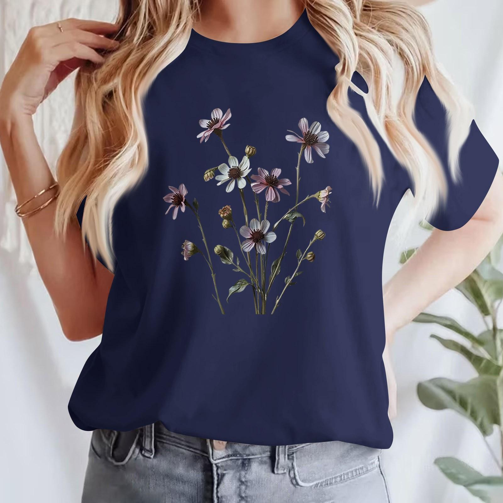 

Жіноча повсякденна футболка з принтом і круглим вирізом, пуловер з короткими рукавами M Темно-синій