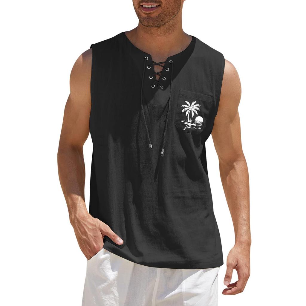 Men's Hawaiian Print Tank Top - Loose Fit Sleeveless Vest with Adjustable Tie for Casual Sports