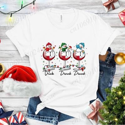 Drink Drank Drunk Weihnachts-Shirt, Xmas Rundhals-T-Shirts, Schneemann trinkt Wein Damenbekleidung, Weihnachten Trinkparty T-Shirts