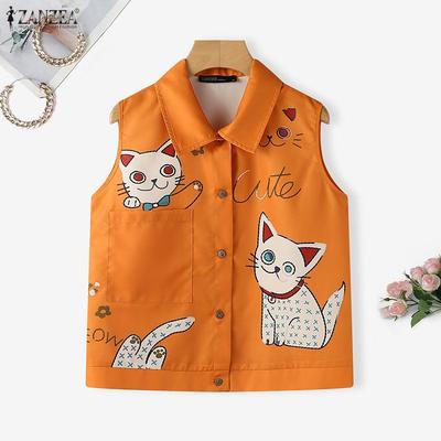 Women Casual Turn Down Collar Sleeveless Print Vest Tops