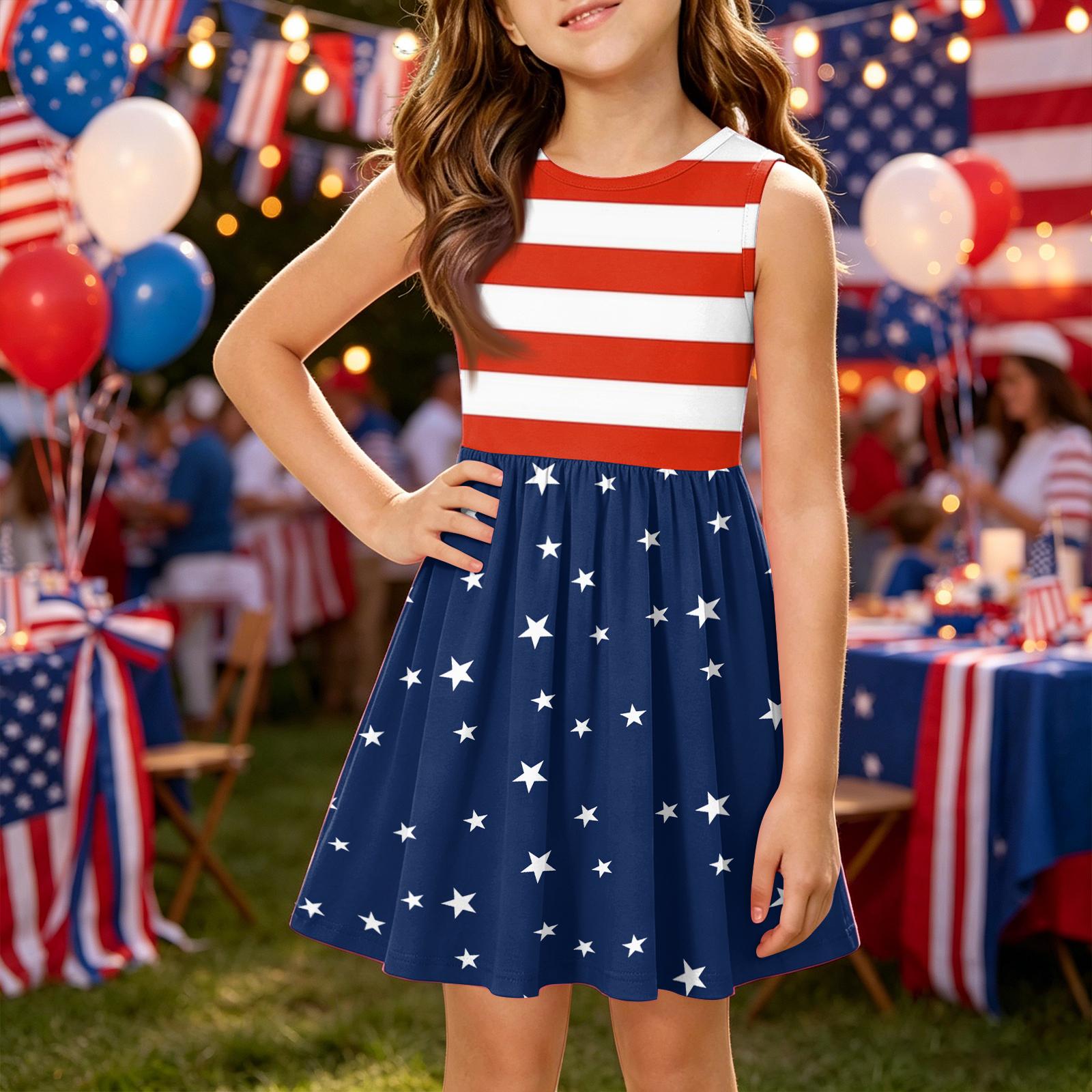 Girls Sleeveless Dress Independence Day Patchwork Sleeveless Dress Heart and Star Print Kids Summer Dress 100