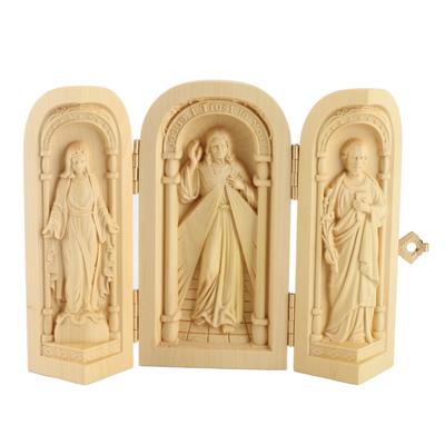 Openable Wooden Box Sculpture Handcrafted Boxwood Triptych Box Figurine Sculpture Home Ornament