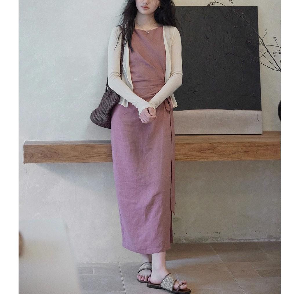 

Linen Round Neck Sleeveless Tie Waist Dress for Women Large