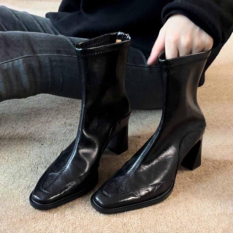 Soft leather version~ French square head temperament high heel thin boots women's British style leather retro rear zipper elastic short boots