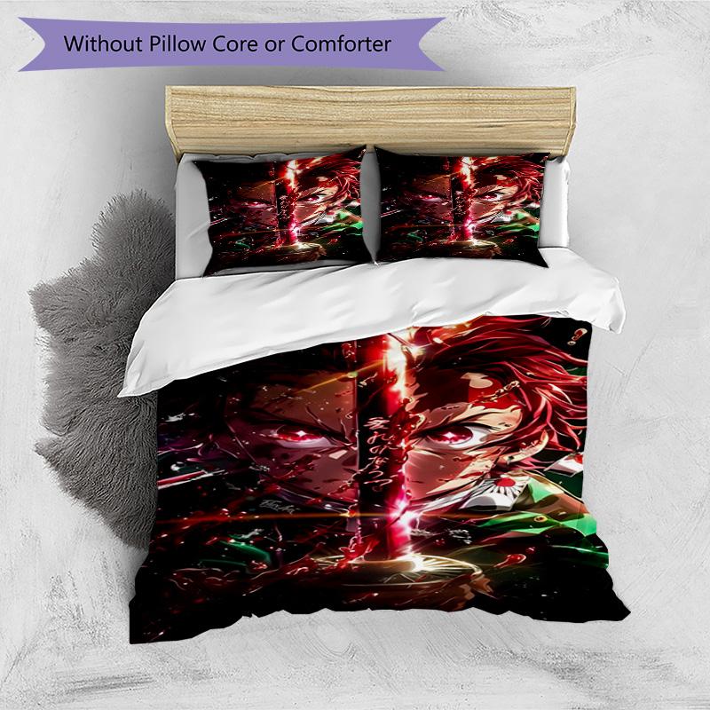 Set cuvertură de pilota 3 buc (1 * Husă de pilota + 2 * Față de pernă, Fără Miez), Set de așternut cu imprimeu Demon Slayer, Decor pentru dormitor, Pentru toate anotimpurile, Cadou de ziua de naștere