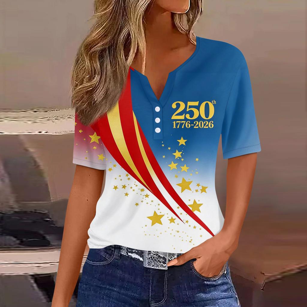 Damen-T-Shirt mit Aufdruck „Unabhängigkeitstag“ und Knopfleiste, kurzärmelig, für den Alltag und das Wochenende, modisch, Basic, V-Ausschnitt, normales Oberteil