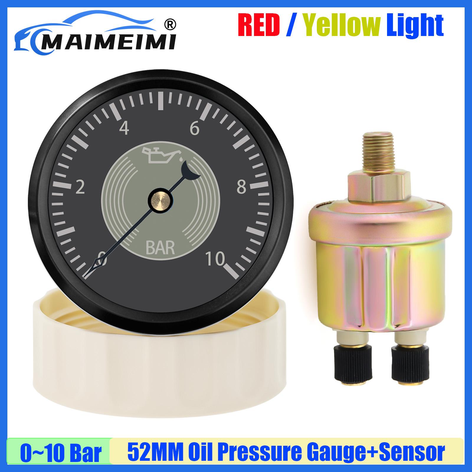 MAIMEIMI Pointer 0~10Bar 52MM Oil Pressure Gauge with Sensor 10~184ohm RED Yellow Light Oil Press Meter Indicator Auto Car Boat oil press gauge BN