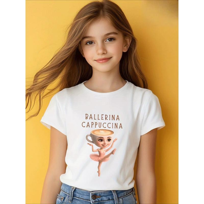 

Девочки Балет Капучино Балерина Капучина Короткий рукав Круглый вырез Летние Мультяшные Повседневные Топы Обычная Модная Футболка для Девочки 140