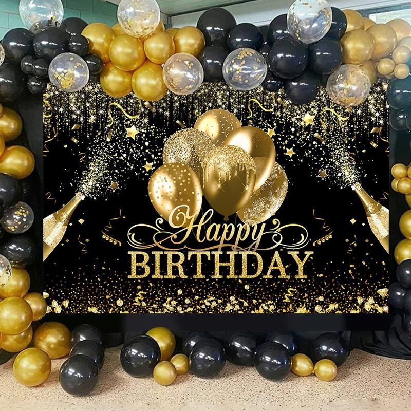 Black Golden Happy Birthday Backdrop Banner 30th 40th 50th 60th Birthday Party Backdrop Decor Photo Photography Background Props