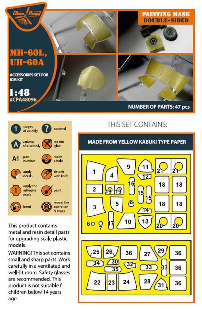 Clear Sikorsky Aircraft Black Hawk Paint Mask Seal Masking Seal for Plastic Models CPUA48096 Prop! 1/48 UH-60A/MH-60L Double-Sided (for ICM)