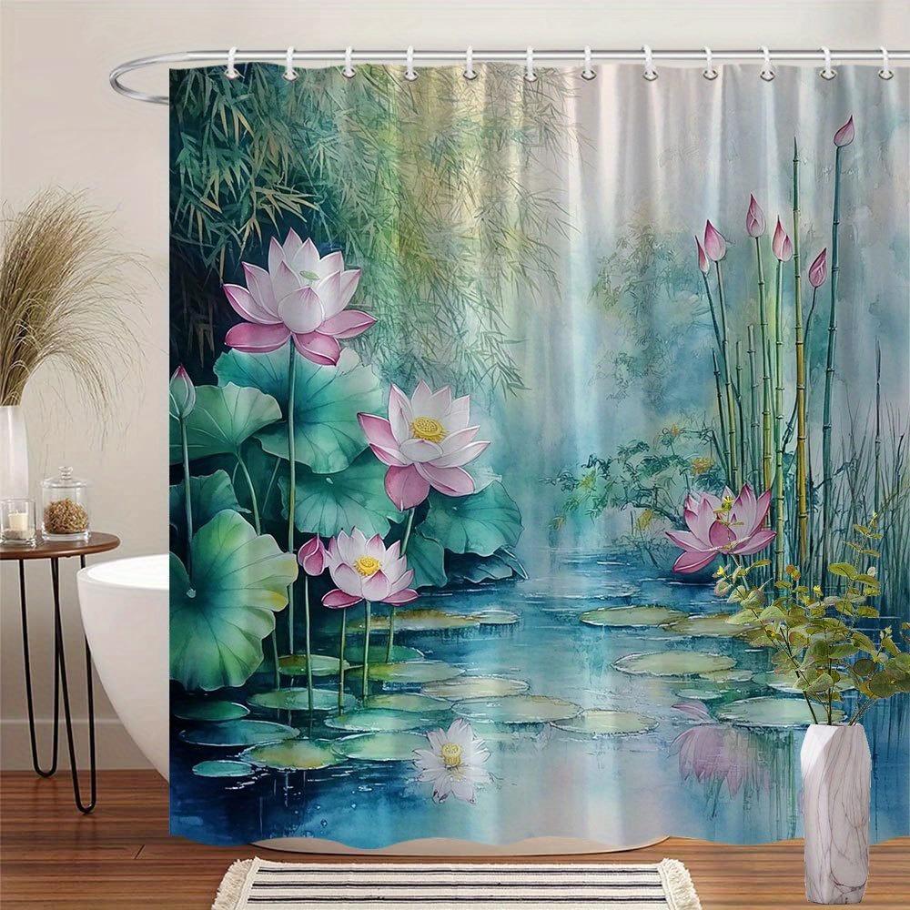 Farbige Bemalte Lotus Teich Duschvorhang Waschbar Schmutzabweisend Duschkopf Wasserdicht Polyester Badvorhang Für Heimdekoration