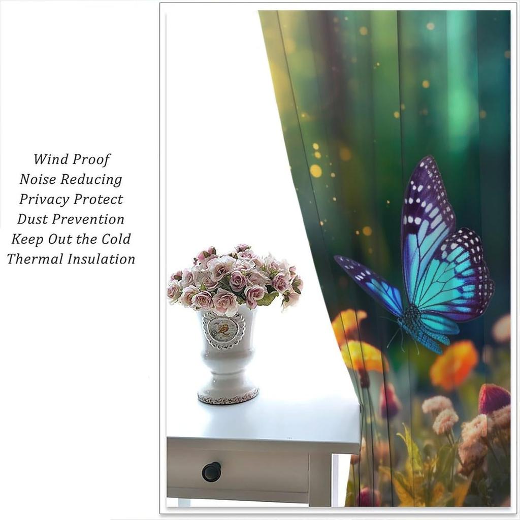 Dreamlike Forest Butterfly Blackout Curtain, Beautiful Morning Forest Flowers Aesthetic Scenery Decorative Curtain, Colorful