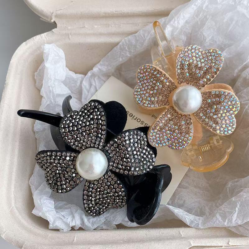 Rhinestone Pearl Four-Leaf Clover Hair Claw Clip for Women - Bun & Ponytail Accessory