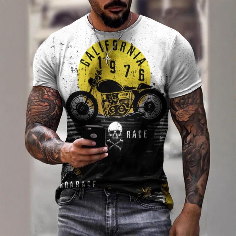 Top Estivo Girocollo Stampa 3D Motivo Motocicletta alla Moda Casual Manica Corta T-shirt da Uomo