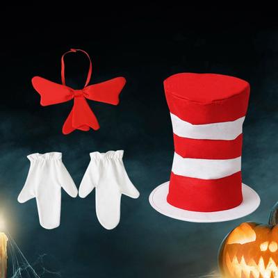 Top Hat Costume Set Red White Cat and Bow Tie, Gloves Accessory for Stage Show