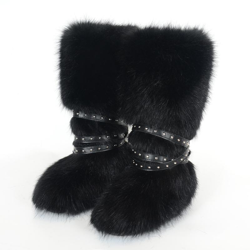 Damen Winterimitat Fuchsfell Stiefel Gürtel Punk Europäisch und Amerikanisch hoher Schaft 40 langer Schaft Schneestiefel Schuhe