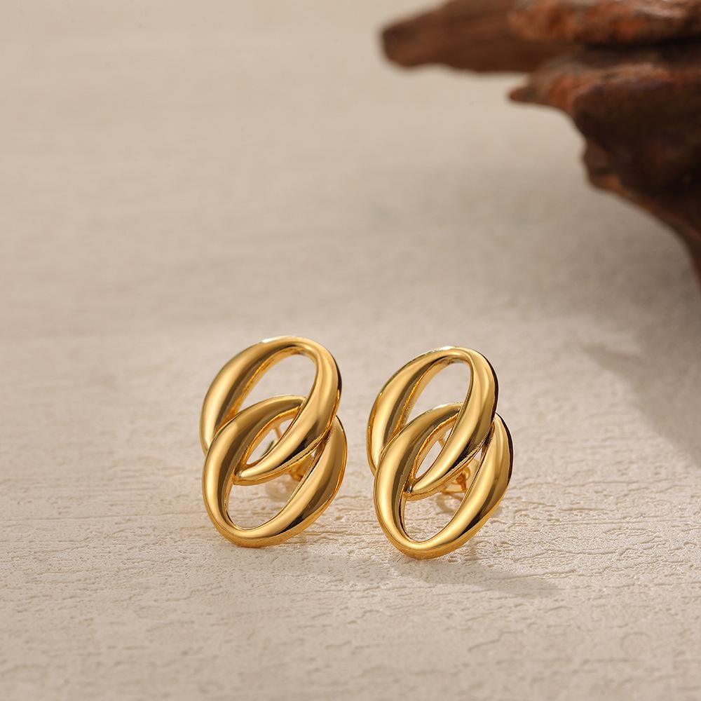 Gold Double Ring Oval Stud Earrings - European & American Style, Polished Stainless Steel, Simple & Elegant Circle Jewelry