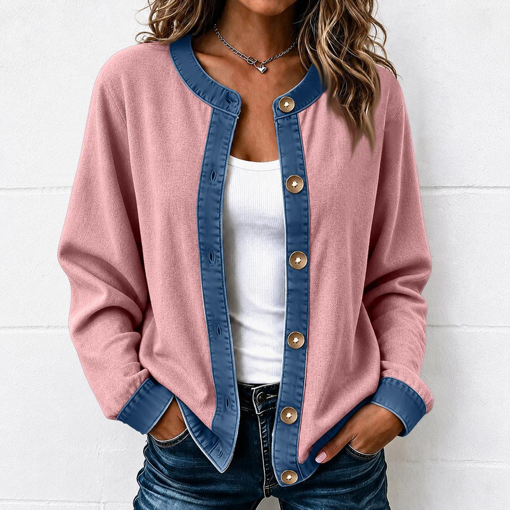 Camicia da donna a blocchi di colore in denim a maniche lunghe con bottoni per autunno inverno