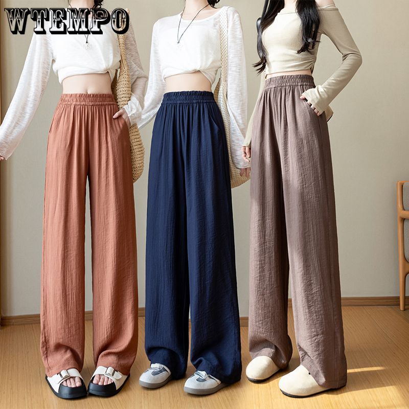 Women Elastic High Waist Linen Wide Leg Long Pants Loose Casual Floor Length Trousers with Pockets Summer Daily Vacation Soft Pants
