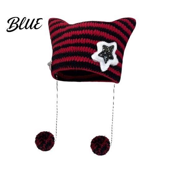 Striped Design Winter Knitted Knitting Ear Hat Style Cat Beanie Japanese Star Print Autumn Plush