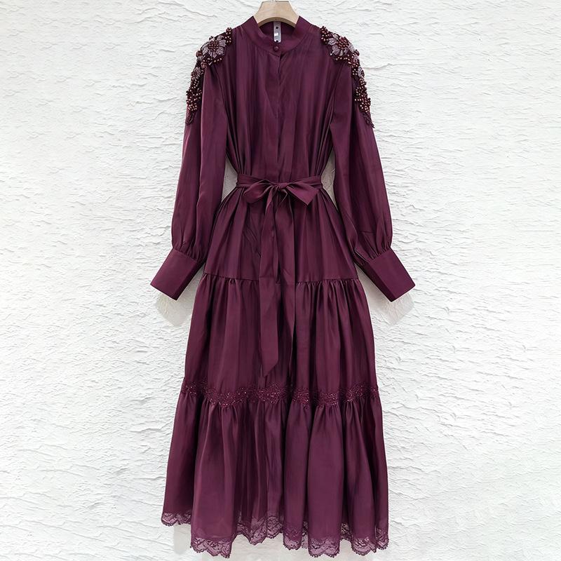 2026 Spring Summer Beaded Lace Patchwork Dress for Women Stand Collar Long Sleeve High Waist Belt Casual Vestidos Pleated Y2k